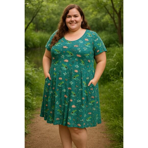 Princess Awesome Frog Pond Dress 32-34 Teal Lotus Frog Print Pockets plus size - Picture 1 of 9